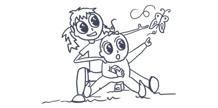 Pige og baby kigger på sommerfugl