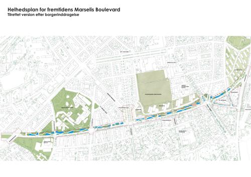 Der bliver plads til trafikken i to spor (et spor i hver retning) samt cykelstier på den sydlige side af boulevarden, og på den nordlige side bliver der plads til ophold og byliv i solen samt en gennemgående, rekreativ sti. Den røde streg viser projektområdet.
