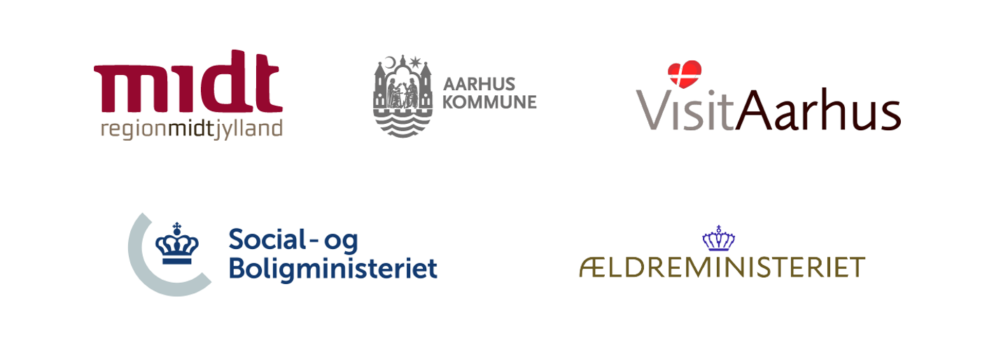 Logoer for Region Midtjylland, Aarhus Kommune, VisitAarhus, Social- og Boligministeriet og Ældreministeriet