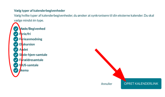 Vælg typer af kalenderbegivenheder