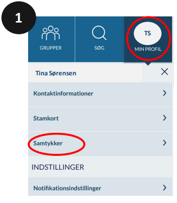 Tryk på 'Min profil' og vælg samtykker