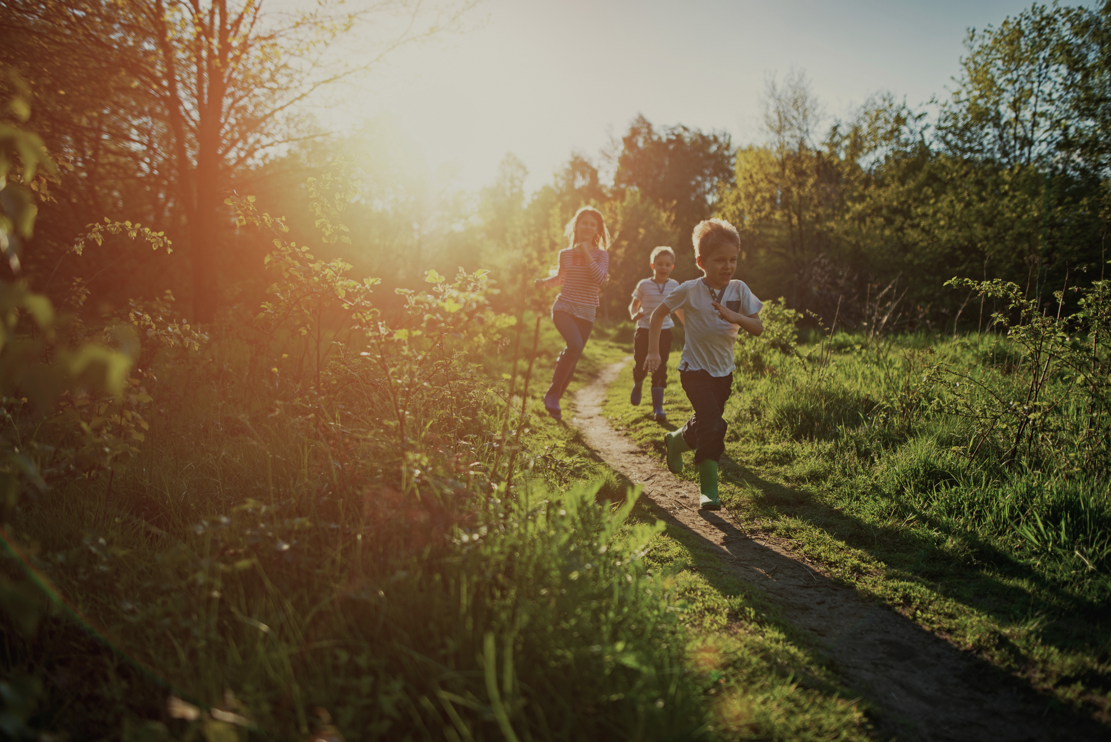 Tre løbende børn på en natursti i modlys