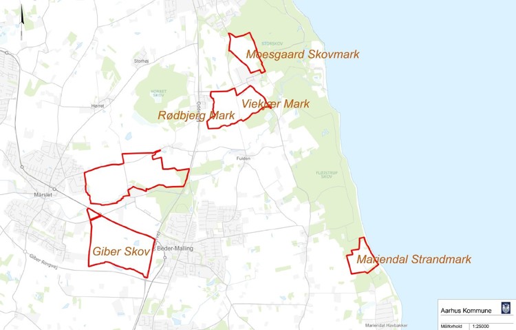 Kort med markeringer og nye områdenavne: Moesgaard Skovmark, Viekær Mark, Rødbjerg, mark, Mariendal Strandmark og Giber Skov